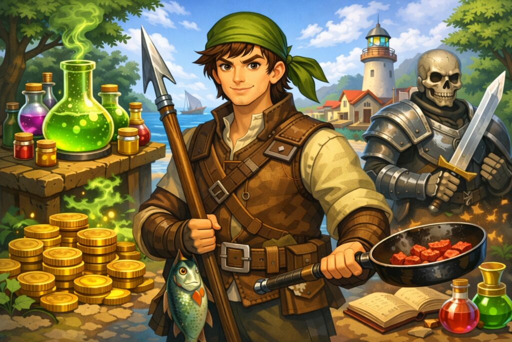 Colorful fantasy artwork inspired by Brighter Shores, featuring an adventurer with a spear and frying pan, alchemy potions, gold coins, a fish, and an armored skeleton near a coastal lighthouse