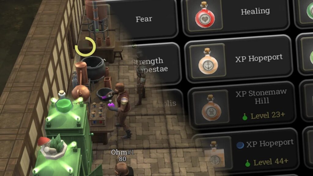 Brighter Shores alchemy leveling in Hopeport at the Apothecary station