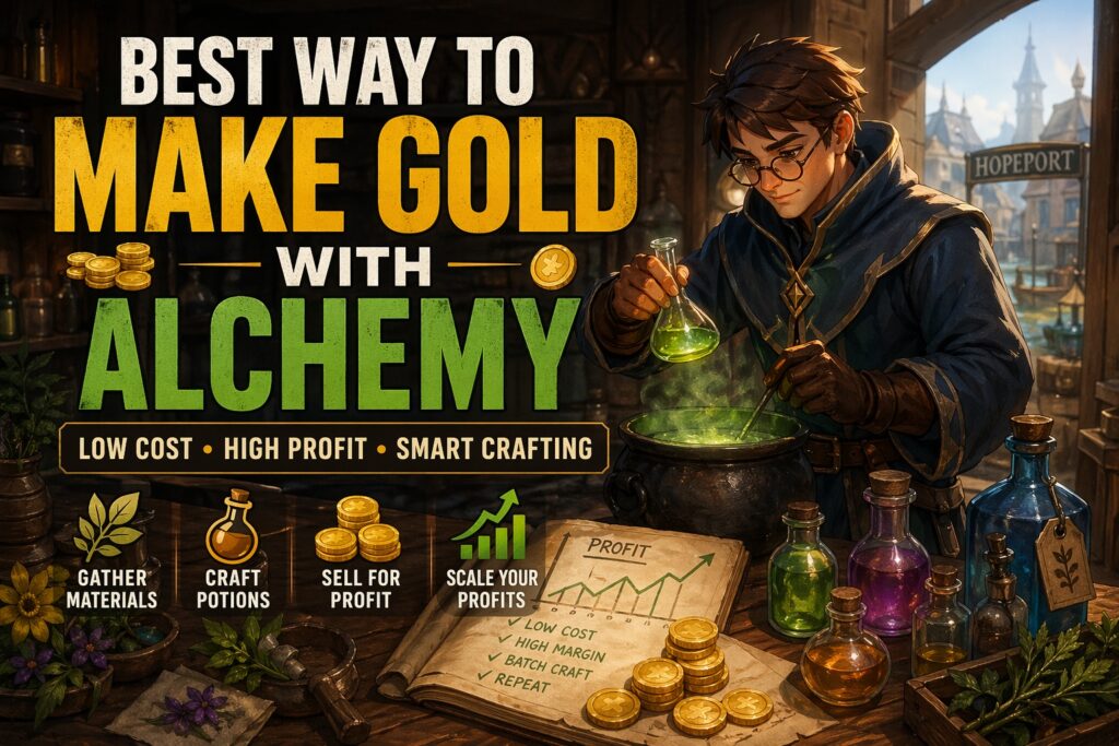 Brighter Shores alchemy money making header image showing an alchemist crafting glowing potions in a Hopeport workshop with herbs, bottles, and gold coins around the table. 