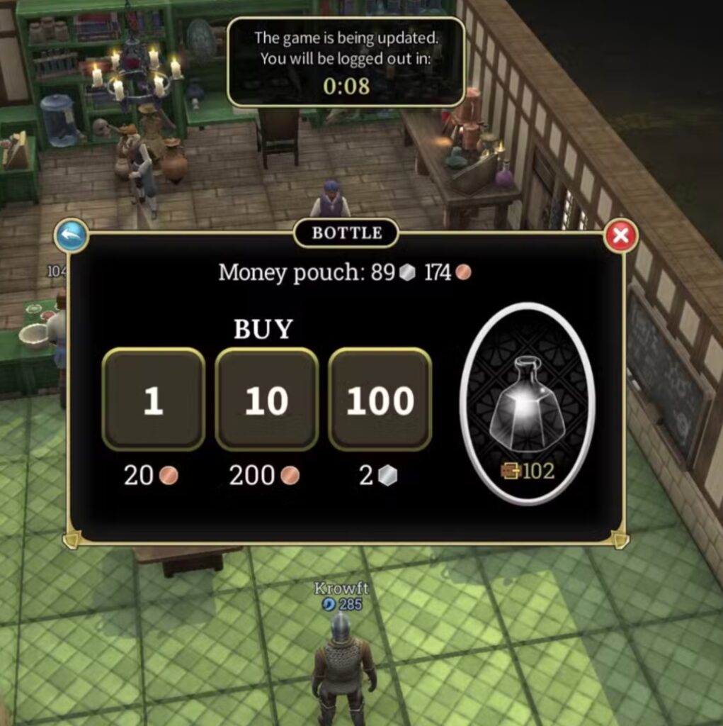 Close-up Brighter Shores screenshot of a bottle shop menu showing buy options for 1, 10, or 100 bottles and the player’s money pouch totals. 
