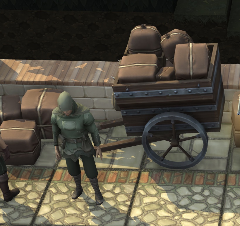 Brighter Shores screenshot showing a hooded character standing beside stacked crates and a wooden cart loaded with parcels along a stone street. 