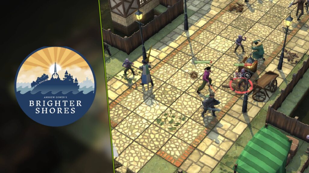 Brighter Shores promotional image showing the game logo on the left and a street combat scene with multiple characters fighting enemies on the right.