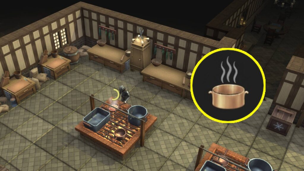 Brighter Shores kitchen scene showing a player cooking at a stove, with a large steaming pot skill icon displayed on the right
