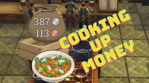Brighter Shores thumbnail with the text “Cooking Up Money,” showing a cooking station, soup bowl graphic, and coin totals in the corner. 