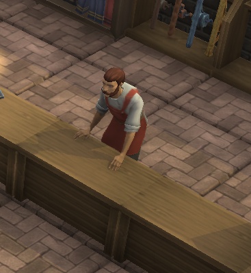 Brighter Shores screenshot showing an NPC in a red apron standing behind a wooden counter inside a shop. 