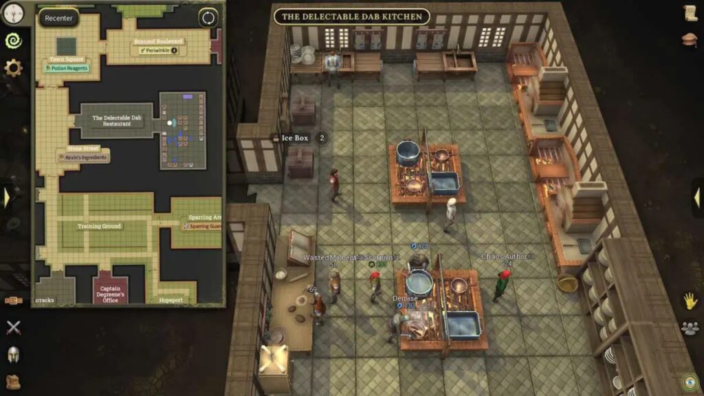 Brighter Shores screenshot showing The Delectable Dab Kitchen interior with cooking stations, players, and a nearby town map on the left. 