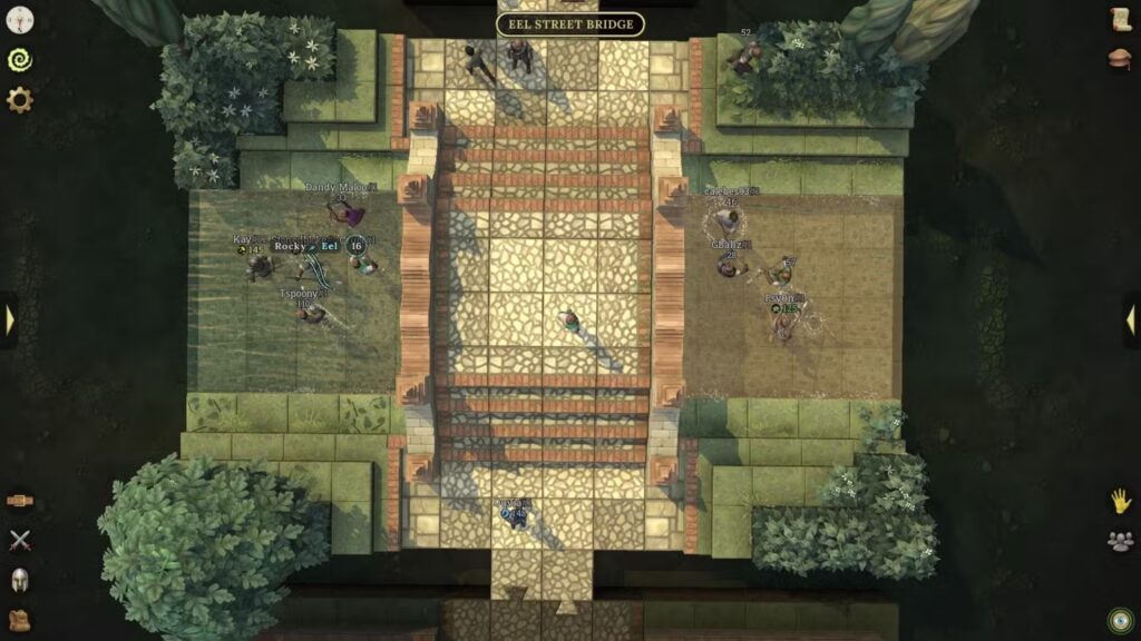 Brighter Shores screenshot showing Eel Street Bridge from a top-down view with players fishing on both sides of the canal. 