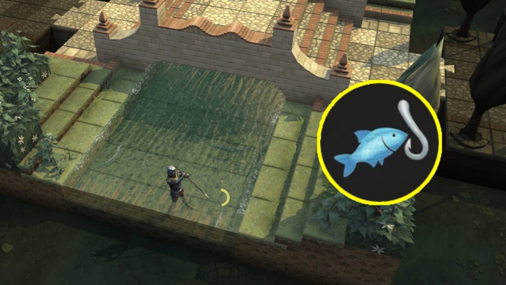 Brighter Shores scene showing a player fishing in a shallow canal, with a large fish-and-hook skill icon displayed on the right