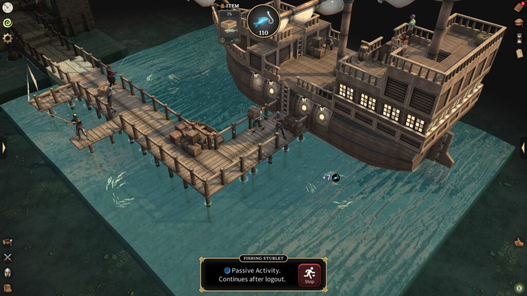 Brighter Shores screenshot showing passive fishing for sturlet from wooden docks beside a large ship. 