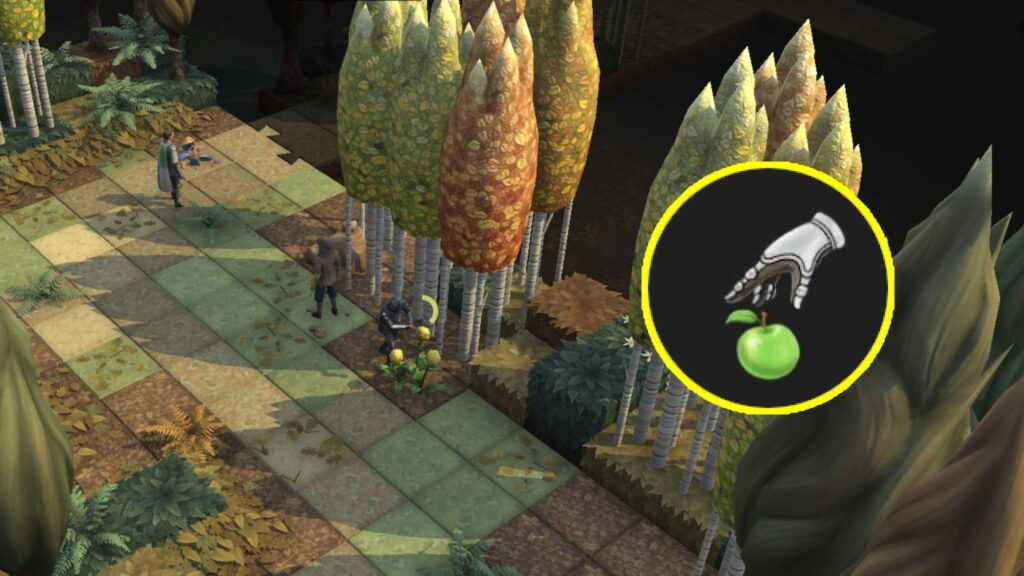 Brighter Shores scene showing a player gathering resources in a forest path, with a foraging-style hand-and-fruit skill icon enlarged on the right