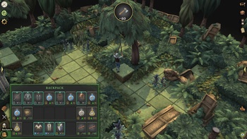 Brighter Shores screenshot showing a character in a forest area with the backpack inventory open and gathered items displayed. 