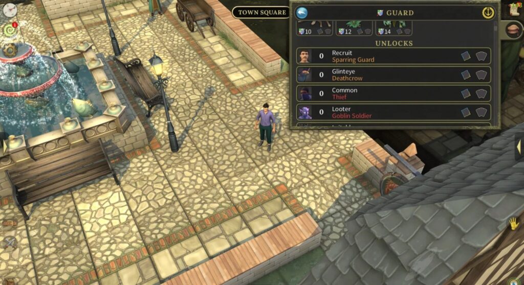 Guard profession screen in Brighter Shores showing unlocks and enemy progression while the player stands in Town Square near the fountain
