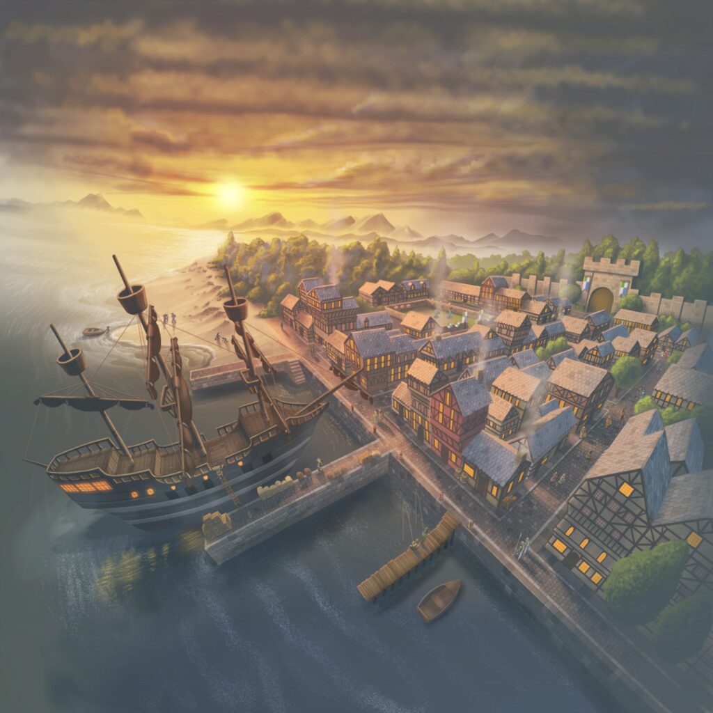 Brighter Shores harbor artwork showing a large ship docked beside a medieval seaside town at sunset. 