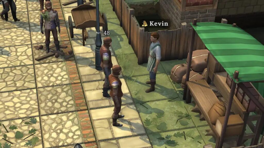 Kevin vendor location in Brighter Shores, showing the NPC standing beside a green market stall on a town street.