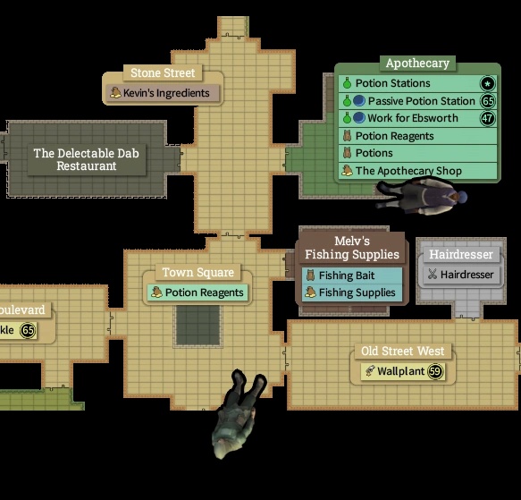 Brighter Shores map screenshot showing vendor locations around Town Square, Apothecary, Old Street West, Melv’s Fishing Supplies, and nearby shops.