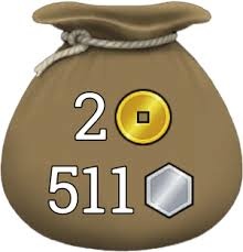 Brighter Shores money bag icon showing 2 gold coins and 511 silver coins. 