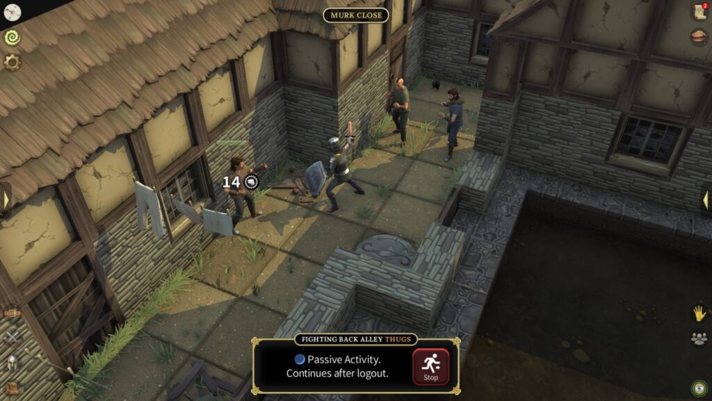 Player fighting a back alley thug in Murk Close in Brighter Shores, with the passive activity combat prompt visible on screen
