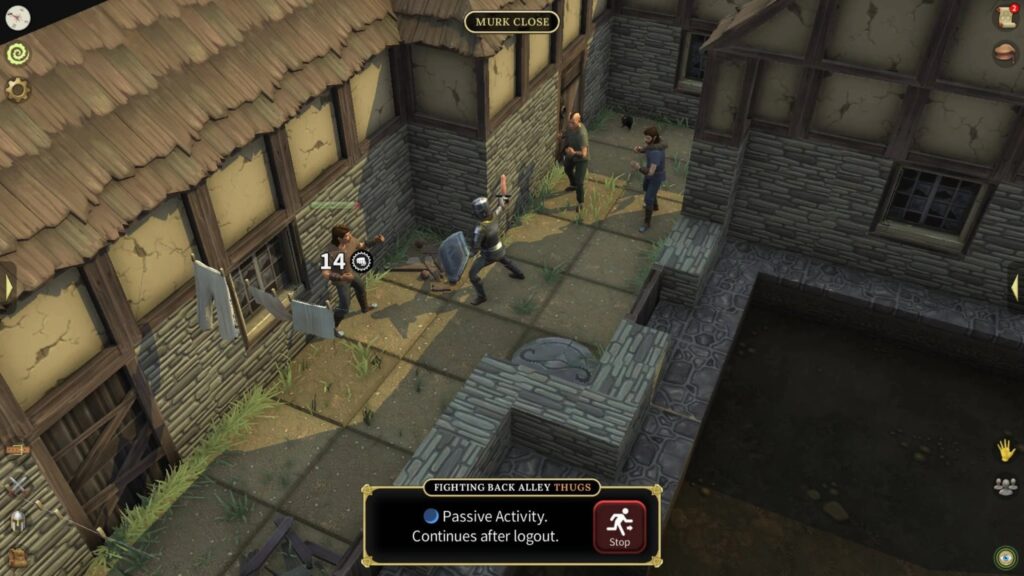 Brighter Shores screenshot showing passive combat against back alley thugs in Murk Close beside stone buildings and a canal. 