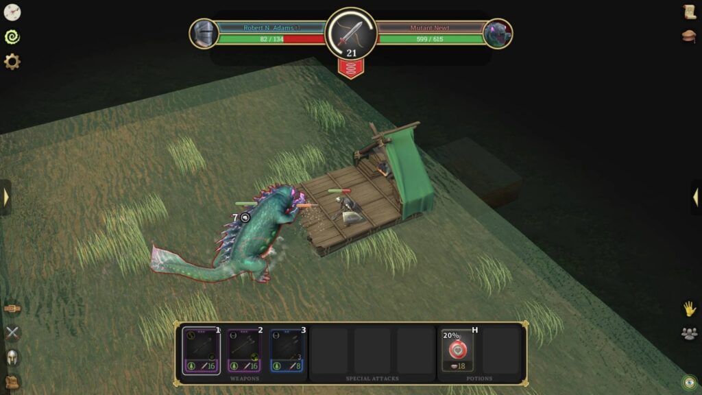 Player fighting a Mutant Newt in Brighter Shores on a small wooden raft, with combat bars and weapon hotbar visible on screen
