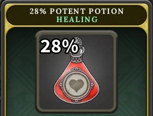 Brighter Shores item card for a 28% Potent Potion Healing with a red heart-shaped potion icon. 