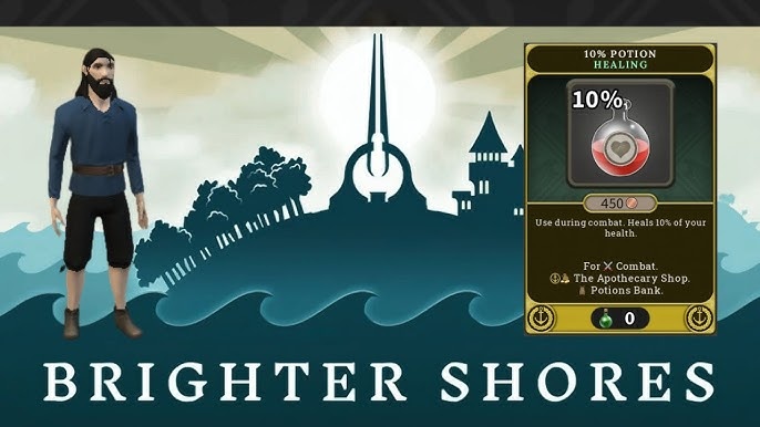 Brighter Shores banner showing a player character on the left, the game logo in the center, and a 10% healing potion item card on the right. 