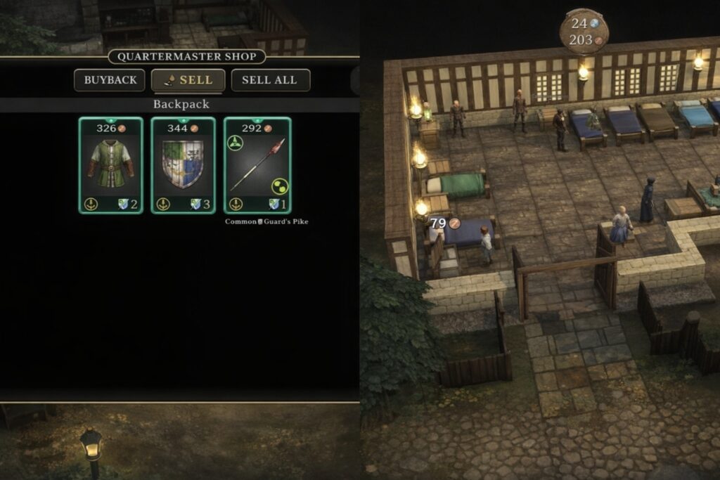 Brighter Shores Quartermaster Shop interface showing armor, shield, and pike for sale on the left, with the barracks interior and NPCs visible on the right.