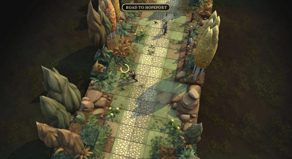 Forest path on the Road to Hopeport in Brighter Shores, showing a player gathering resources beside the trail while other characters stand farther ahead