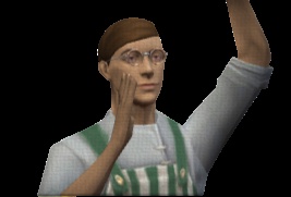 Brighter Shores character portrait of a bespectacled NPC wearing a striped apron and raising one hand near the face. 