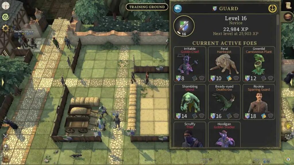 Brighter Shores screenshot showing the Training Ground area with the Guard skill panel open, displaying level 16 and a list of current active foes. 