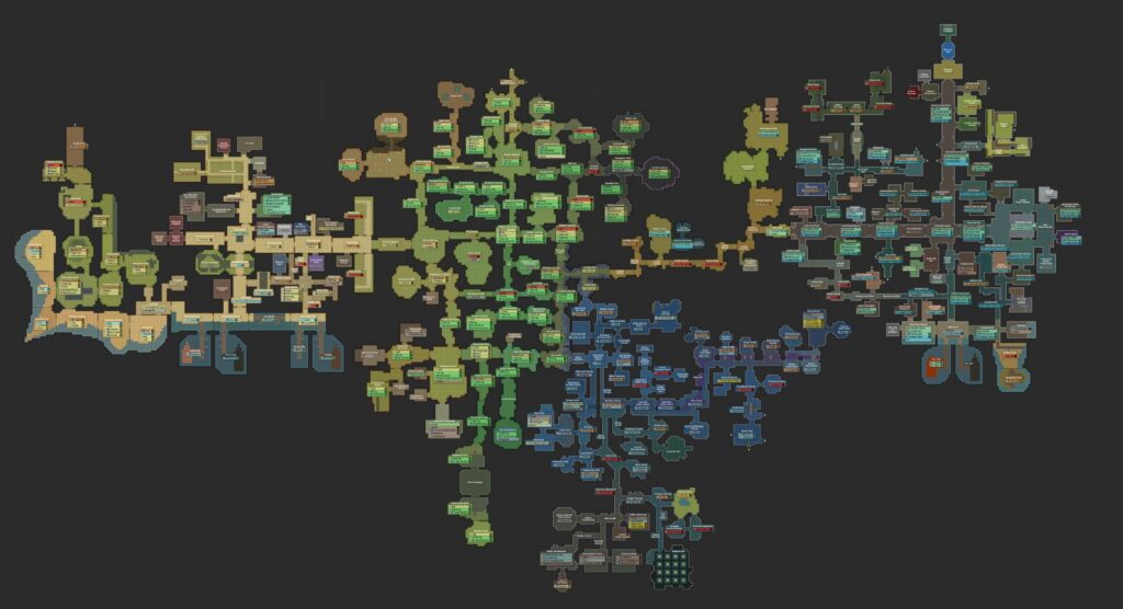 Large Brighter Shores world map showing multiple connected regions, zones, and labeled areas arranged across a dark background. 