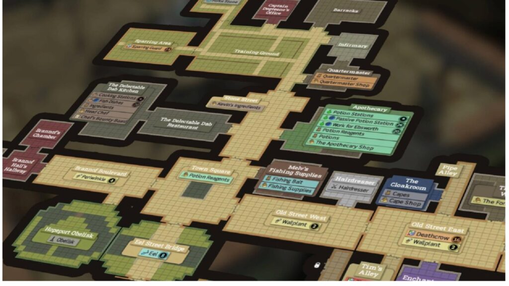 Detailed Hopeport map overview showing Apothecary Melv's Fishing Supplies and Quartermaster in Brighter Shores