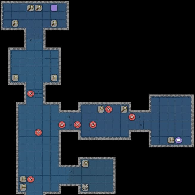 Top-down dungeon map with blue-tiled rooms and corridors, showing magnifying glass markers, enemy icons, one speech bubble marker, and a highlighted route across multiple connected areas. 