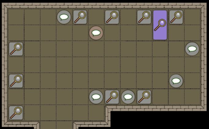Top-down game map with a grid layout, stone border walls, and several magnifying glass and speech bubble icons placed across the rooms.