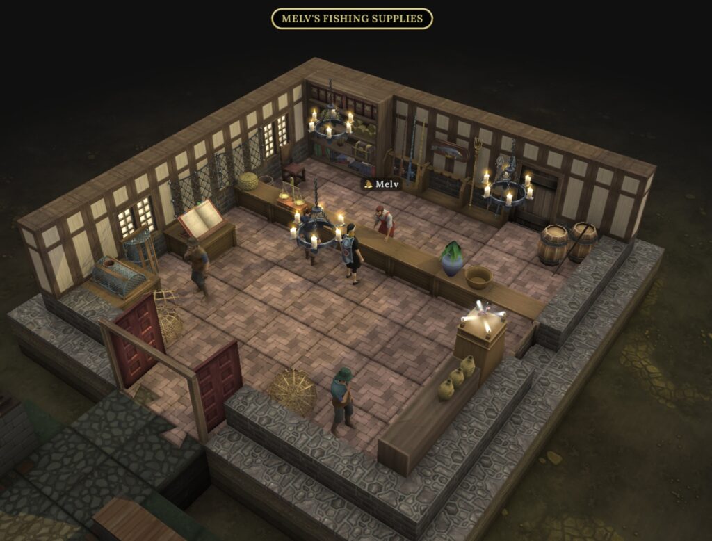 Melv’s Fishing Supplies vendor location and fishing tool shop in Brighter Shores