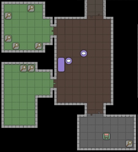 Top-down dungeon map with green, brown, and gray rooms connected by corridors, featuring magnifying glass markers, speech bubble icons, a purple highlighted object, and a treasure chest in the bottom-right room. 