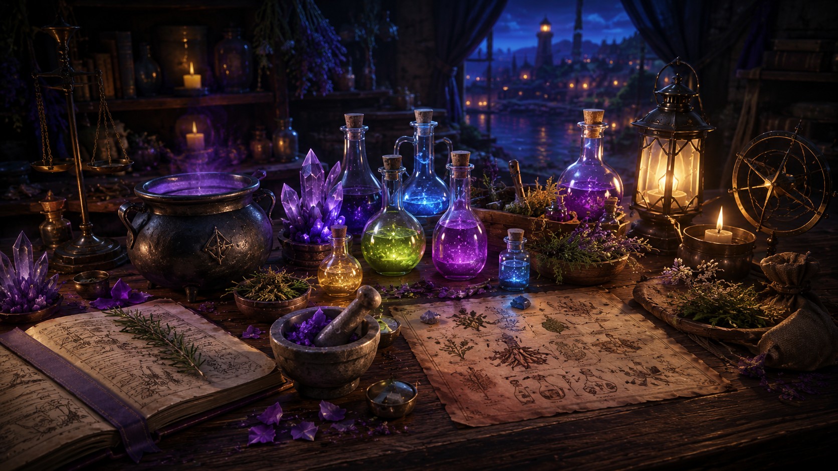 Alchemy table illustration for Brighter Shores potions, recipes, and materials