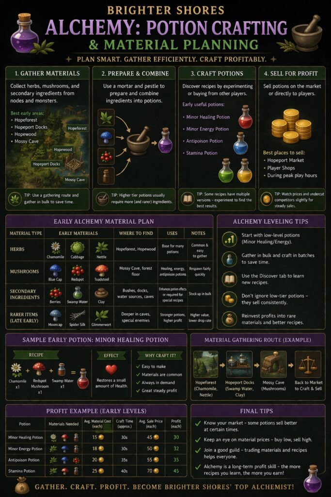 Brighter Shores Alchemy potion crafting and material planning infographic showing how to gather ingredients, craft early potions, plan materials, and sell potions for profit.