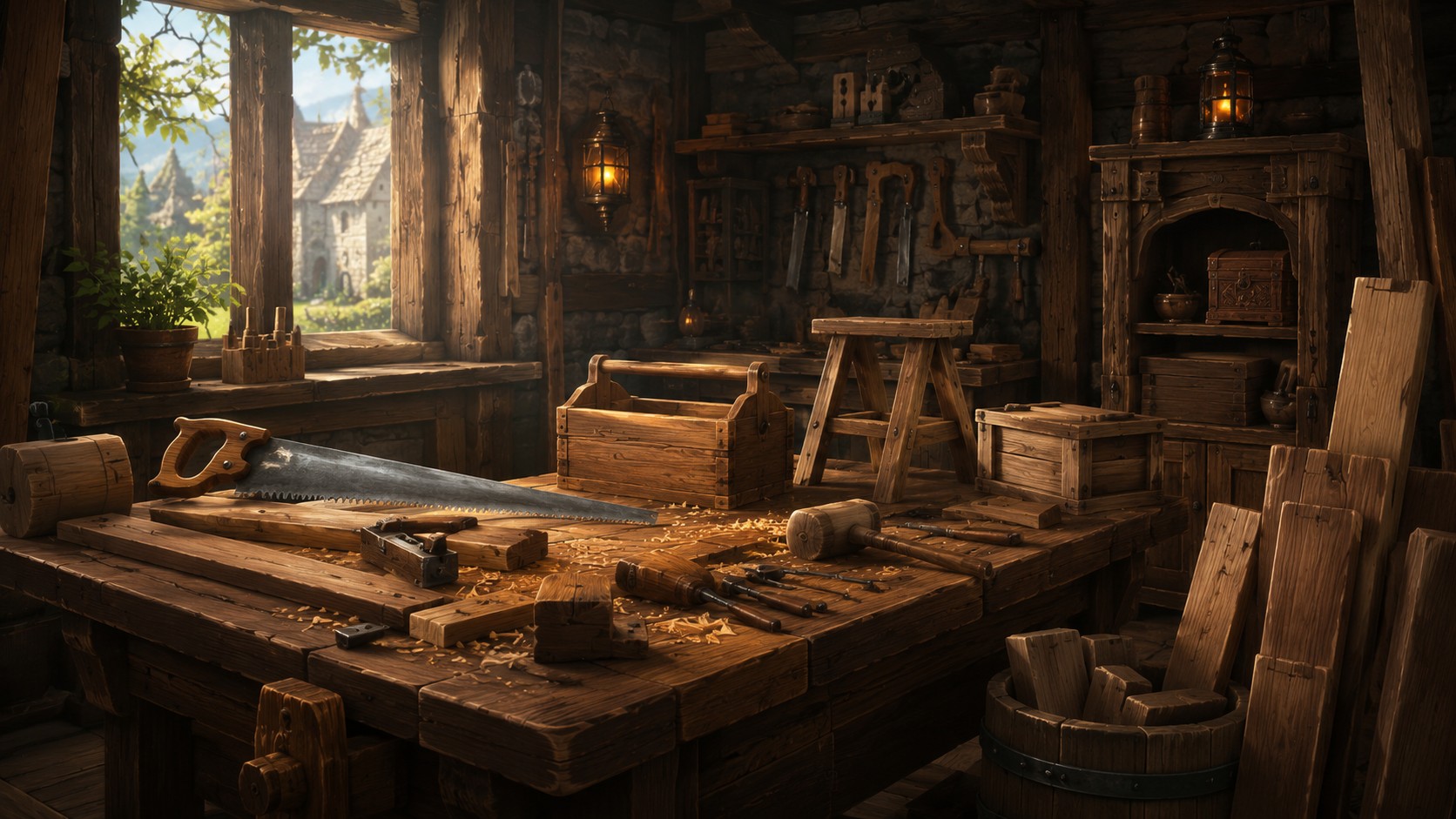 Fantasy carpentry workshop illustration for a Brighter Shores Carpentry guide