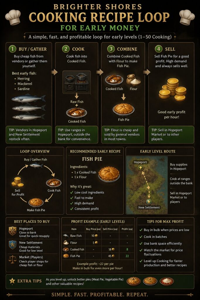 Brighter Shores Cooking recipe loop for early money showing how to buy or gather fish, cook recipes, combine ingredients, and sell food for profit.