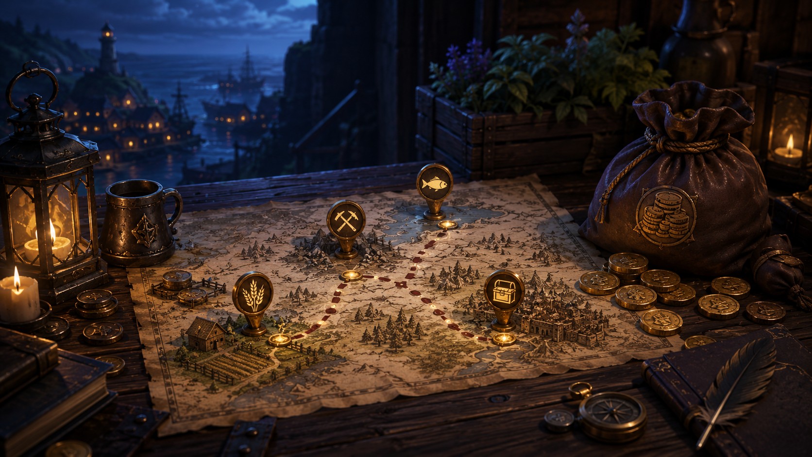 Fantasy route map with coins for a Brighter Shores early game gold route guide
