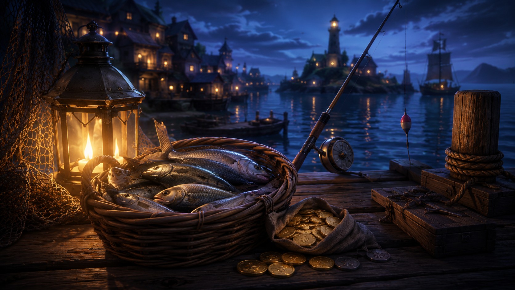 Fishing basket and coins illustration for a Brighter Shores fishing money making guide