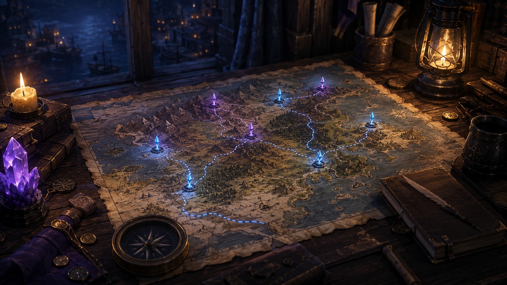 Fantasy map illustration for a Brighter Shores map guide with routes and location markers