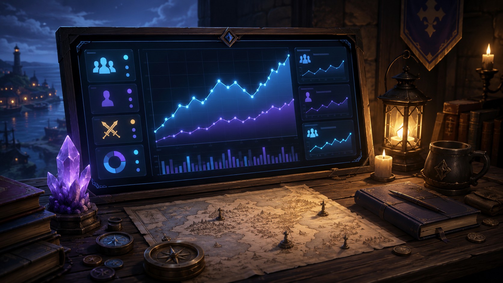 Fantasy analytics dashboard illustration for Brighter Shores player count and Steam charts