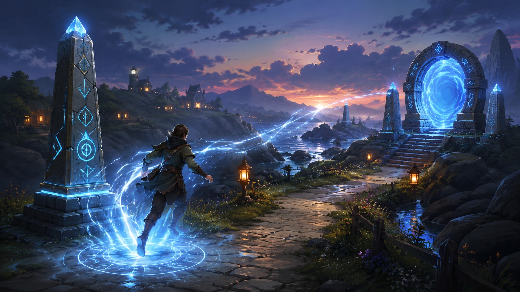 Fantasy teleport and obelisk illustration for Brighter Shores travel