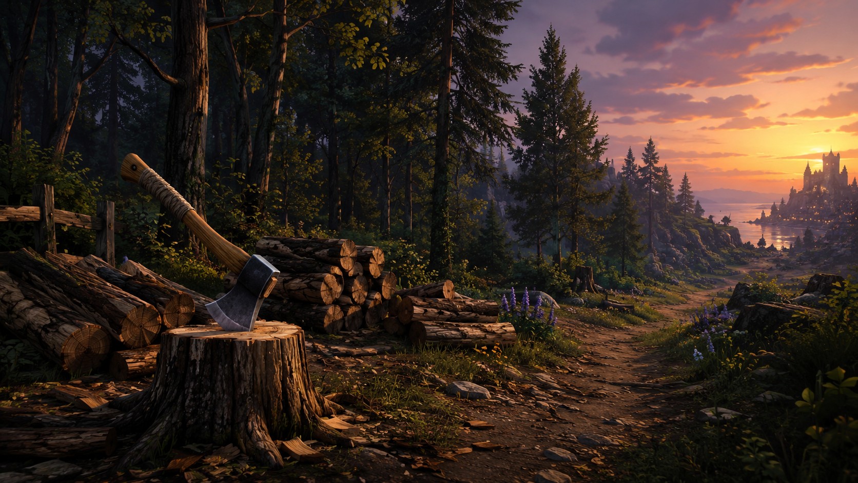Fantasy woodcutting illustration for a Brighter Shores Woodcutting guide