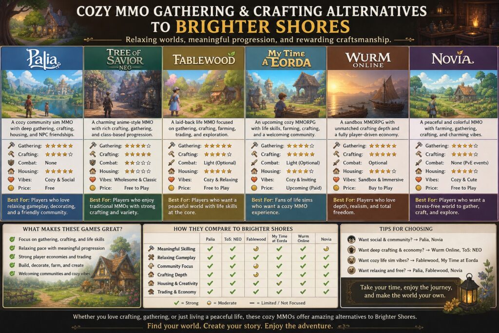 Cozy MMO gathering and crafting alternatives to Brighter Shores infographic comparing relaxing games with skilling, crafting, housing, trading, and community-focused gameplay. 