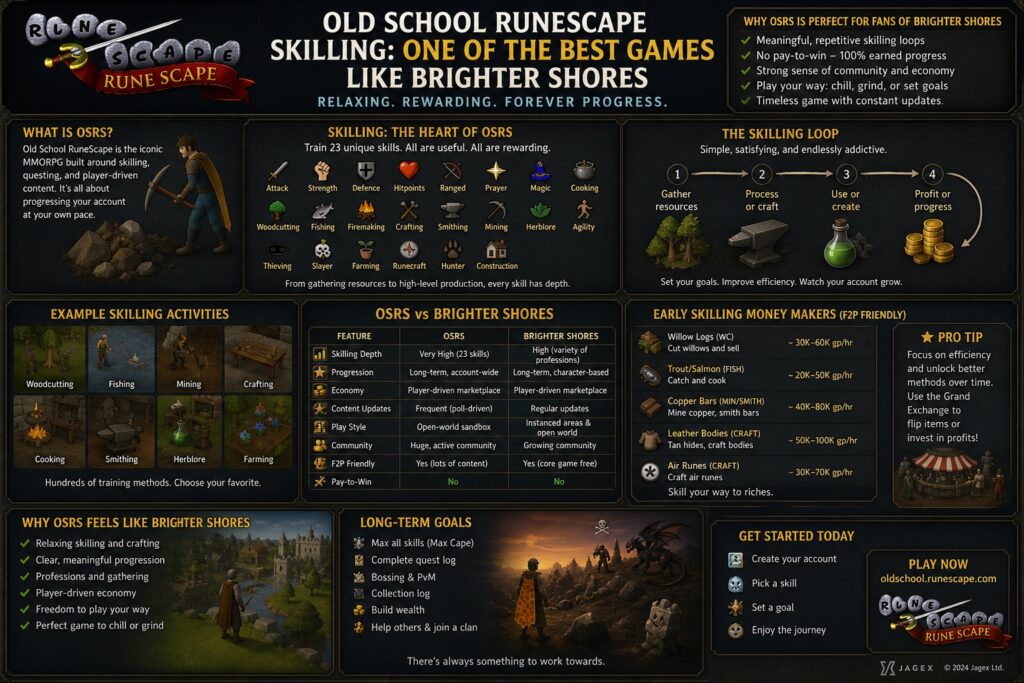 Old School RuneScape skilling infographic showing why OSRS is one of the best games like Brighter Shores for relaxing progression, crafting, gathering, and long-term goals. 