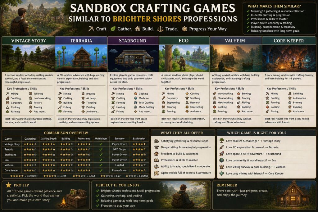 Sandbox crafting games similar to Brighter Shores professions infographic comparing gathering, crafting, building, trading, exploration, and long-term progression systems.