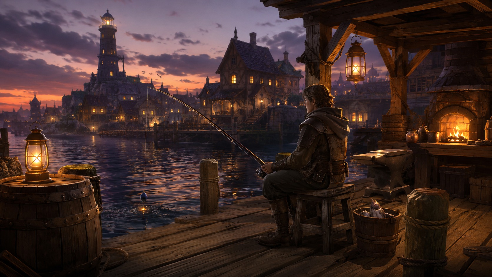 Relaxed fishing illustration for a Brighter Shores AFK guide