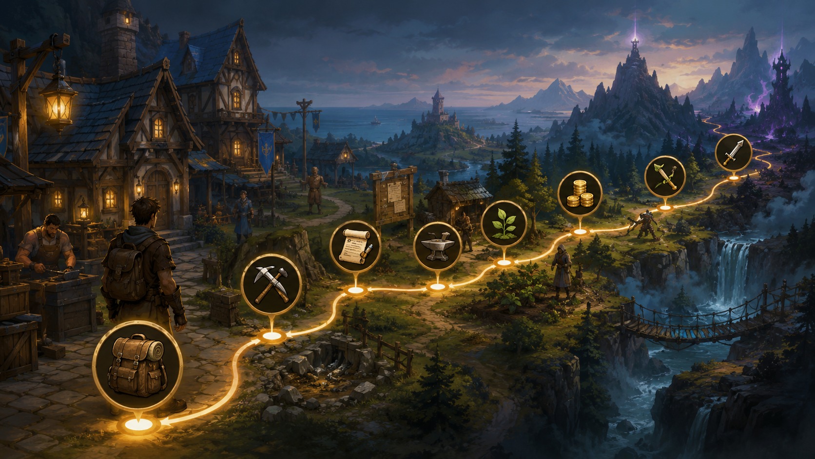 Beginner progression path illustration for Brighter Shores